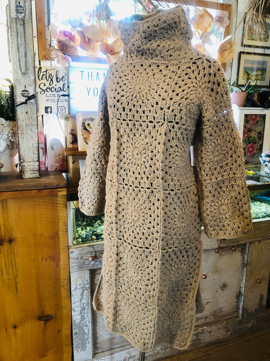 Granny Square Cowl Neck Tunic- beige starburst