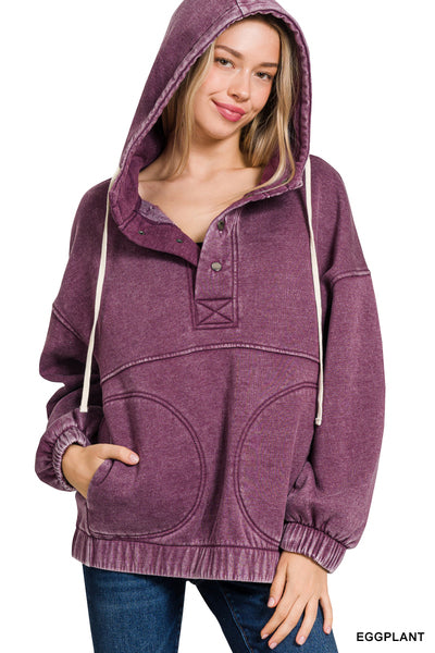 Acid Wash Fleece Pocket Hoodie- eggplant ZBRAND