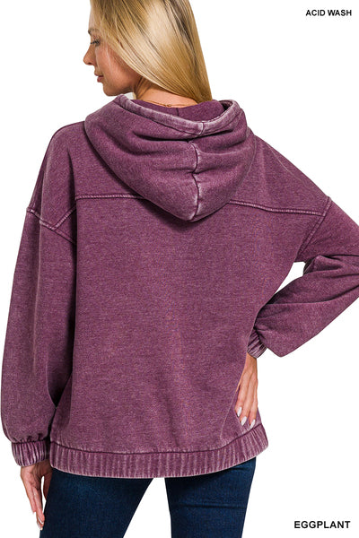 Acid Wash Fleece Pocket Hoodie- eggplant ZBRAND