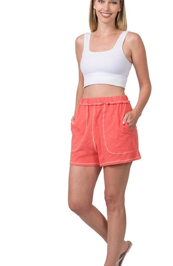 Contrast Stitch Shorts - coral