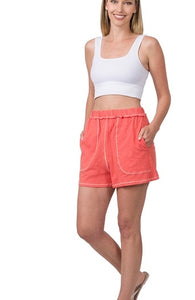Contrast Stitch Shorts - coral