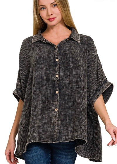 Washed out gauze button up -ash black