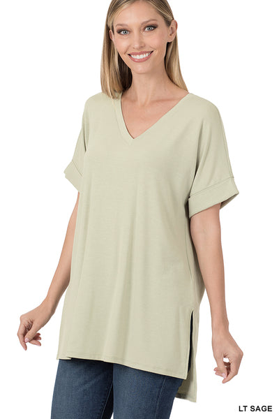 Rolled Sleeve V Neck- light sage