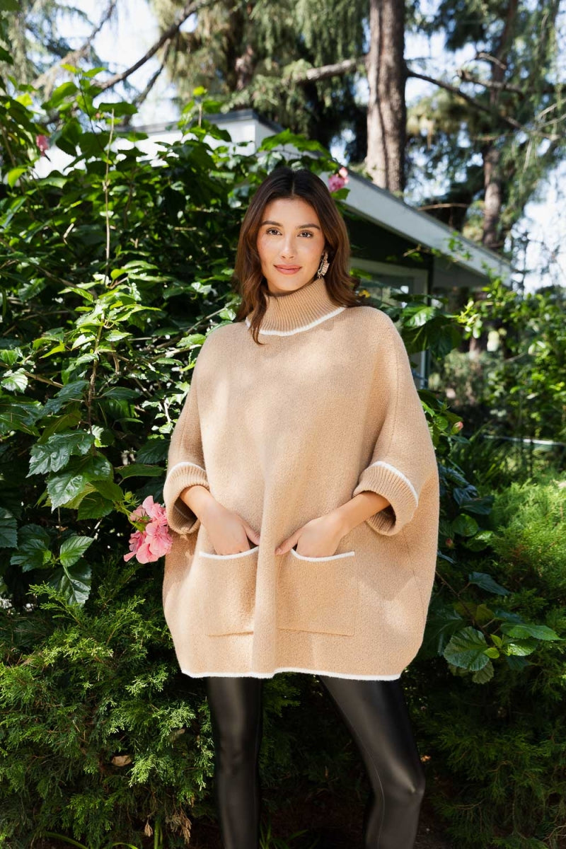 Cowl Neck Knit Poncho- camel