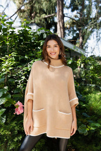 Cowl Neck Knit Poncho- camel