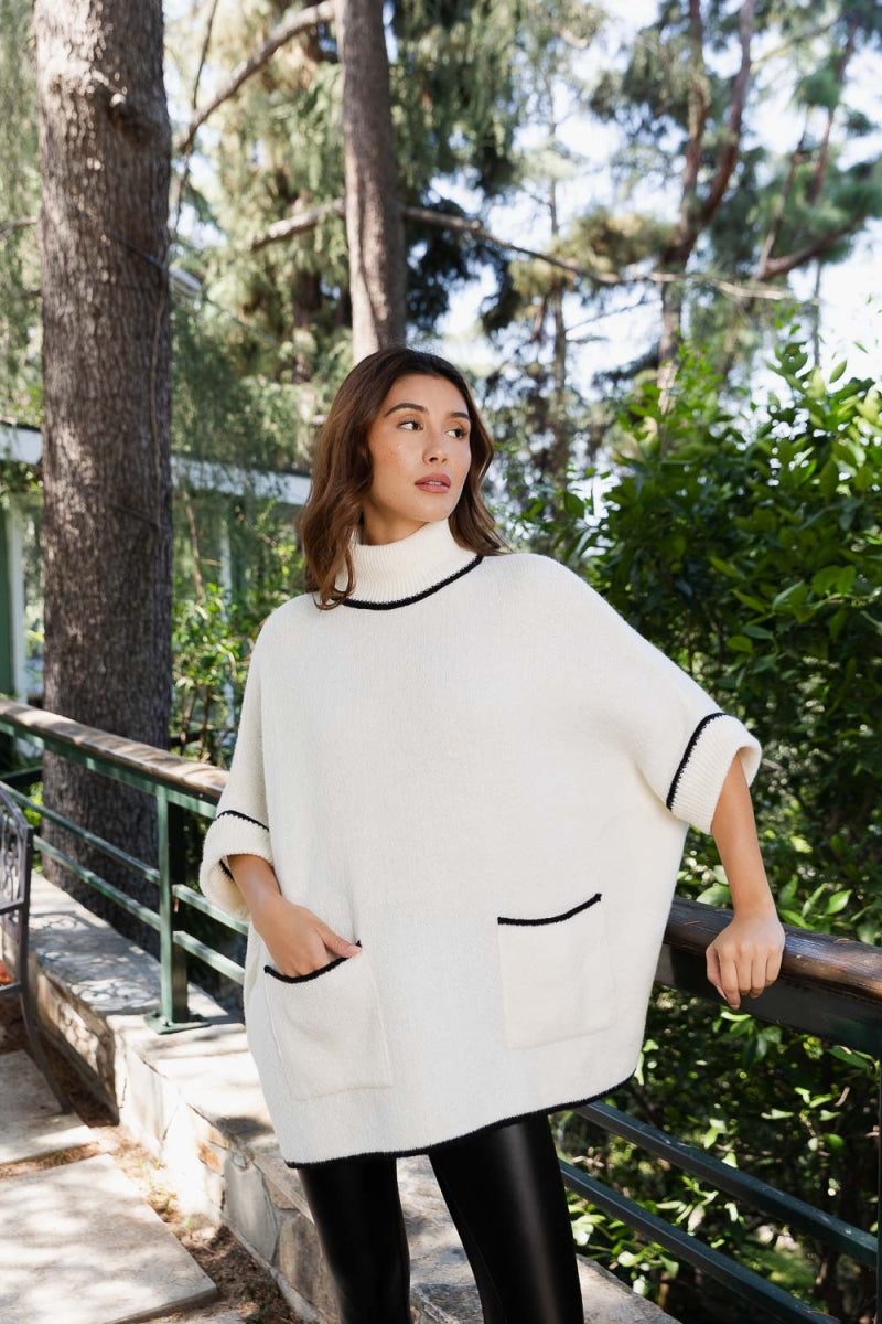 Cowl Neck Knit Poncho- white