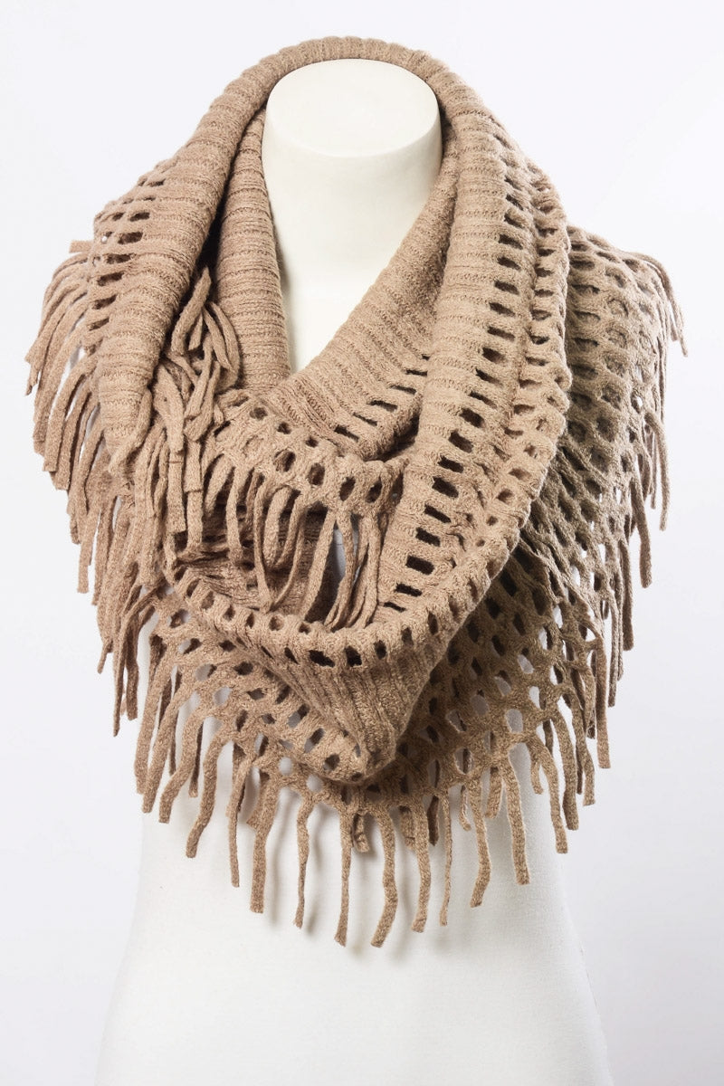 Chenille Tassel Infinity Scarf- tan