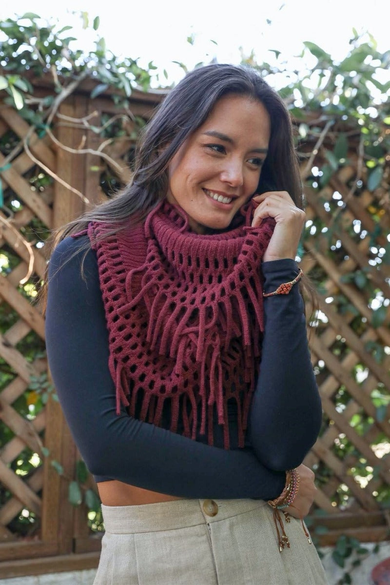 Chenille Tassel Infinity Scarf- burgundy