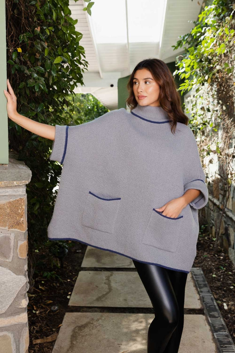 Cowl Neck Knit Poncho- grey